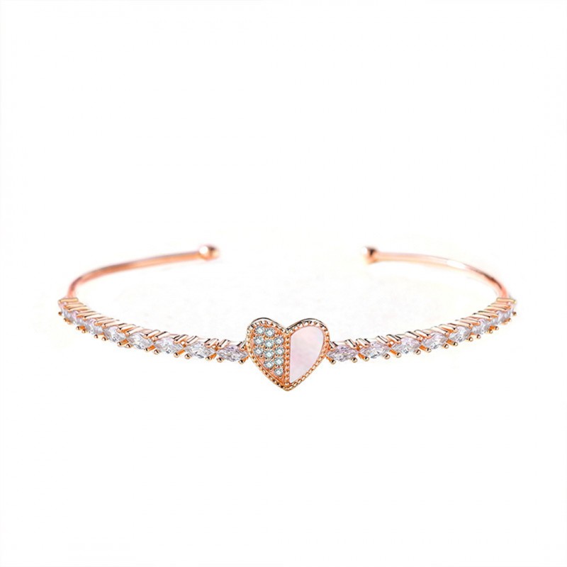 Heart-shaped Opening  Bracelet with Micro Inlaid Zircon and Mother of Pearl 